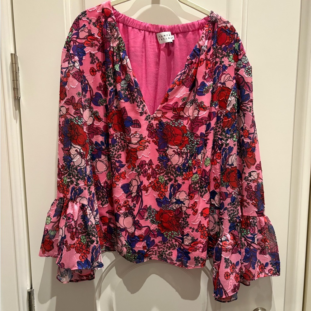 Tanya Taylor Vibrant Pink and Red Floral Blouse